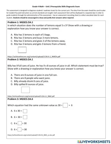 Grade 4 Math- Unit 2 Prerequisite Diagnostic Skills Exam