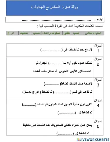 ورقة عمل  التعامل مع الجداول