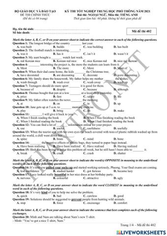 Đề thi  thpt qg 2021 tiếng anh- 402 (đợt 1)