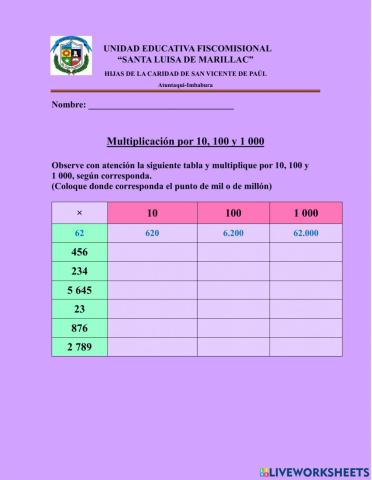 Multiplicación por 10, 100 y 1000