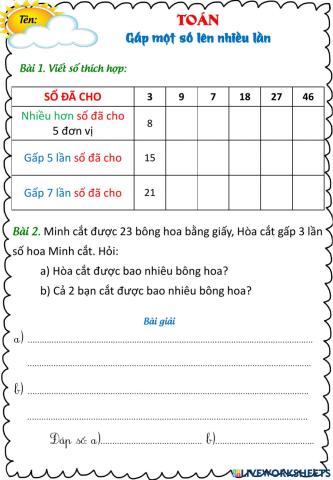 Toán Gấp 1 số lên nhiều lần