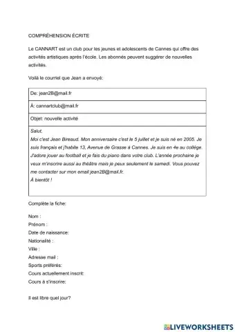 Compréhension écrite: données personnelles