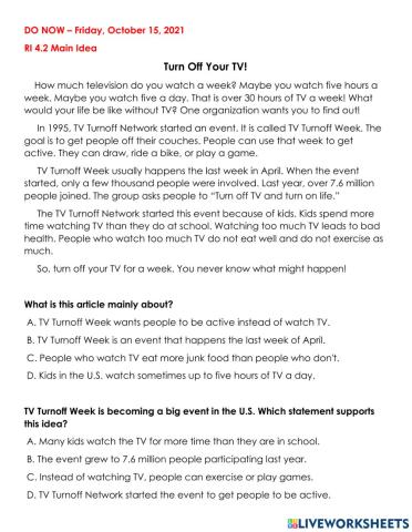 Do Now RI 4.2 Main Idea