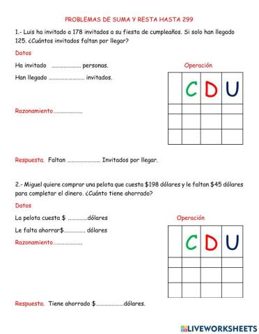 Problemas de suma y resta hasta 299