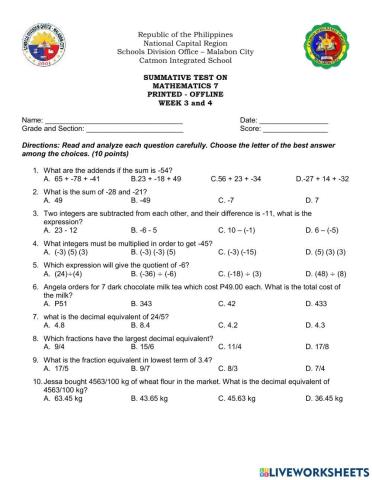 Summative Test 2 in Math 7