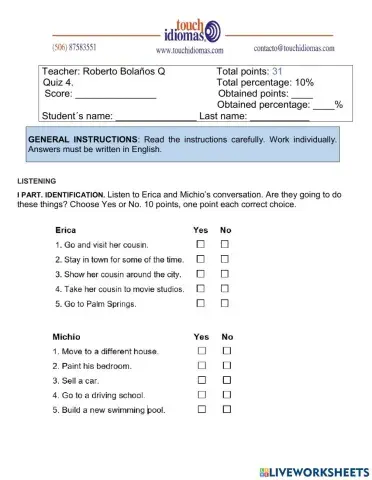 TOUCH. 4 QUIZ. UNIT 15. PLANS FOR THE FUTURE. 