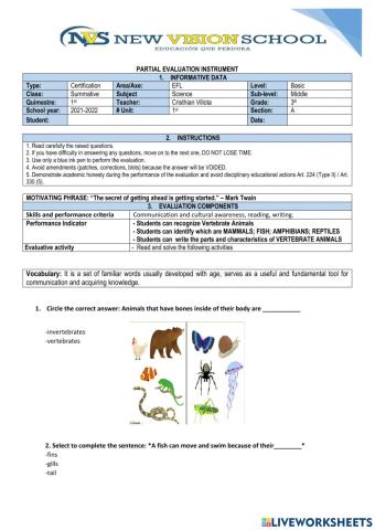 Test Science Vertebrates Animals
