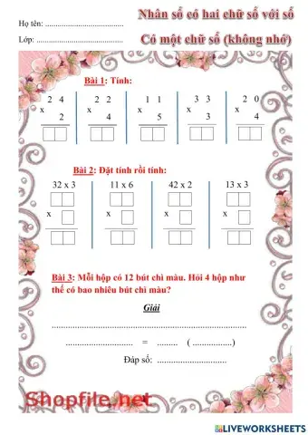 Nhân số có hai chữ số với số có một chữ số (không nhớ)