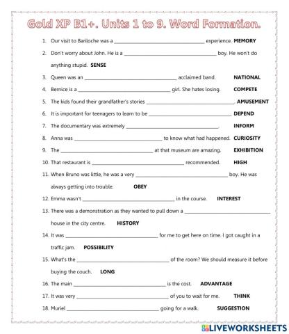 Gold XP B1+. Units 1 to 9. Word Formation.