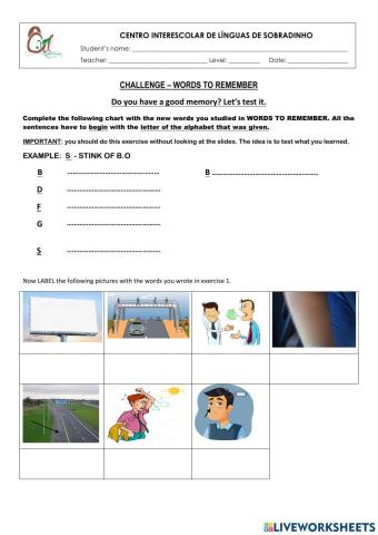 Exercise About Words to Remember - Ciclo 1