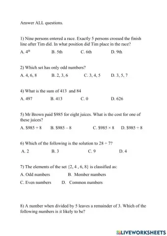 Number Strand Assessment