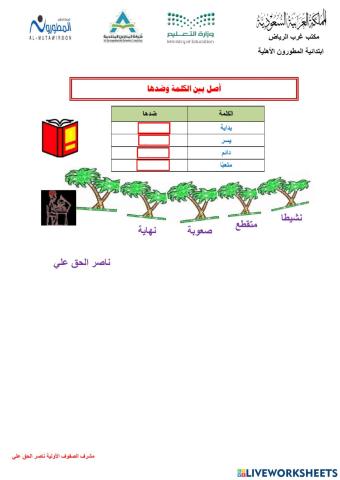 ورقة تفاعلية الكلمة وضدها مدارس المطورون الأهلية ناصر الحق علي