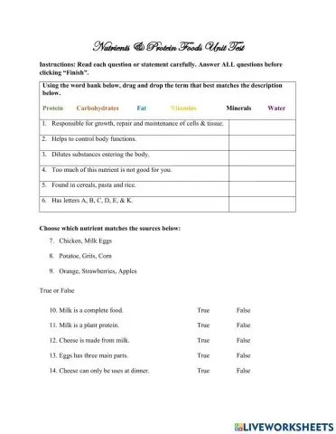 Nutrients & Protein Foods Unit Test