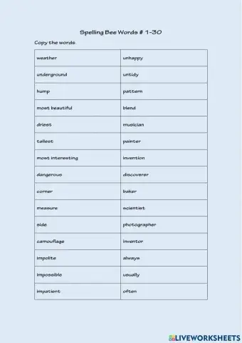 Spelling Bee Words - 1-30 Mateo