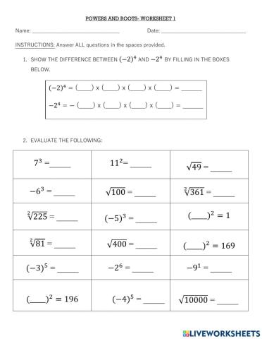 Powers and Roots- Worksheet 1
