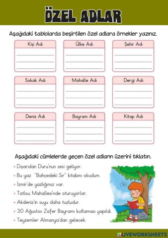 Özel Adlar Çalışma Sayfası