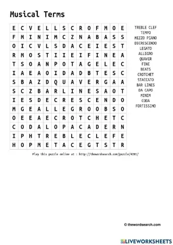 Music Terms Wordsearch