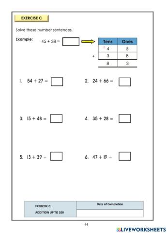 Addition within 100 with regrouping