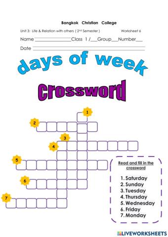 WS 6 Days of the Week