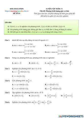 Toán 11 - Luyện tập phương trình luongj giác cơ bản sinx-a