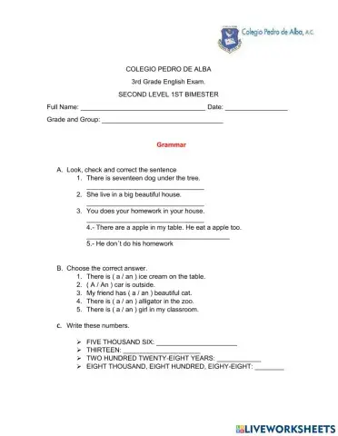 English Exam 3rd Grade