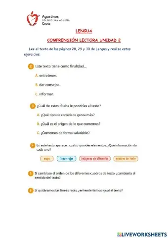 Comprensión Lectora -Alimentos Viajeros- (Unidad 2)