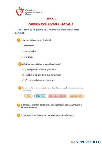 Comprensión Lectora -Alimentos Viajeros- (Unidad 2)