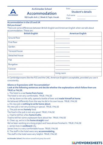 ĐỘI TUYỂN ANH 7-  Week 6-Topic Vocab: Accommodation