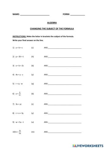 Changing the Subject - Algebra