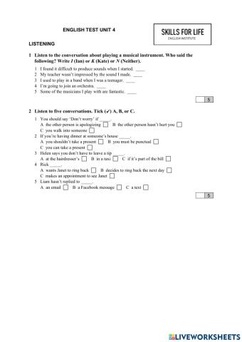 English file intermedite unit 4 listening test