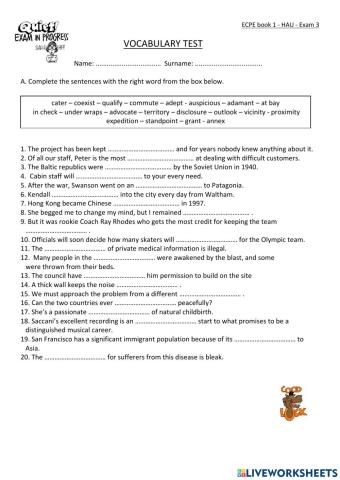 ECPE HAU book 1 Exam 3 Vocabulary Test