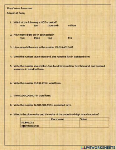 Place Value to Hundred Billion