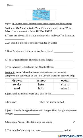 IDU Quiz3 My Country Jesus Calms the Storm Living and Nonliving Things