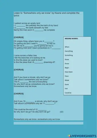 Listening song worksheet somewhere only we know keane