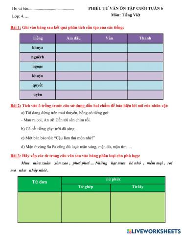 Phiếu tư vấn ôn tập Tiếng Việt - cuối tuần 6