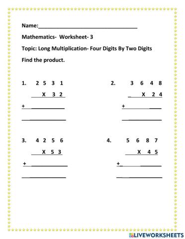 Long Multiplication- Four Digit by two Digit Numbers