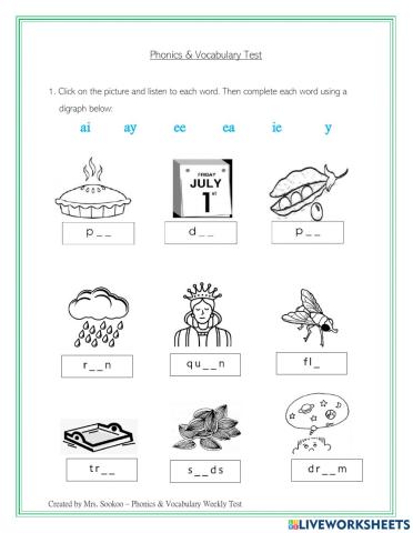 Phonics and Vocabulary Weekly Test 15th oct