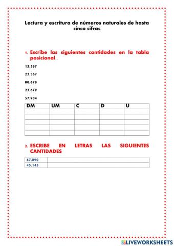 Lectura y Escritura de números naturales de cinco cifras