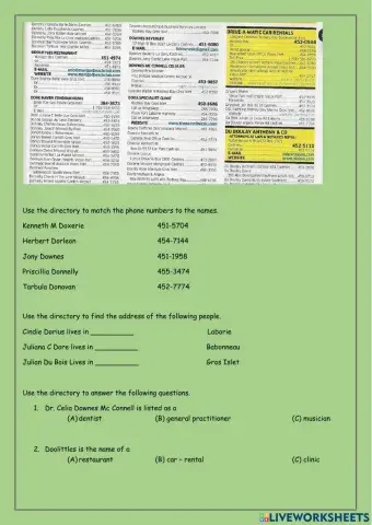 Directory Skills Worksheet