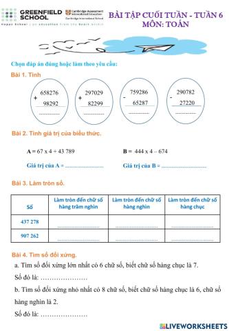 Bài tập cuối tuần 6 - Toán