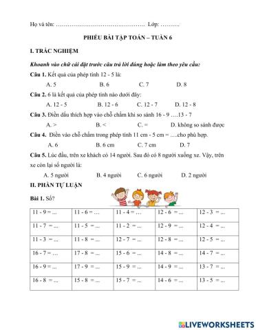 Phiếu Toán cuối tuần 6