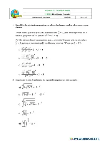 Potencias y radicales 1º BACH