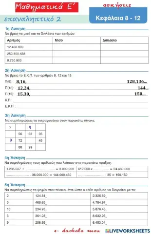 Μαθηματικά  Ε΄- επαναληπτικό 2- κεφ. 8-12, ασκήσεις