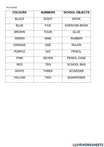 Colours, numbers and school objects CROSSWORD