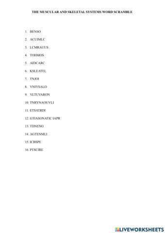 Skeletal and Muscular Systems Word Scrammble