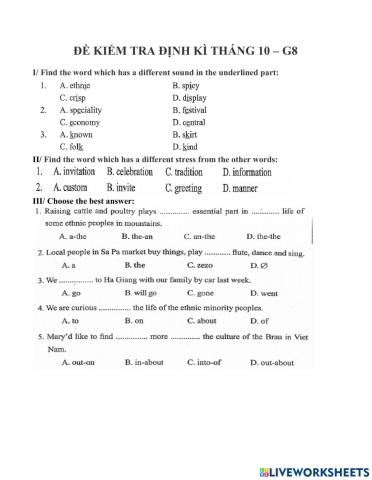 Đề kiểm tra định kì tháng 10 - khối 8
