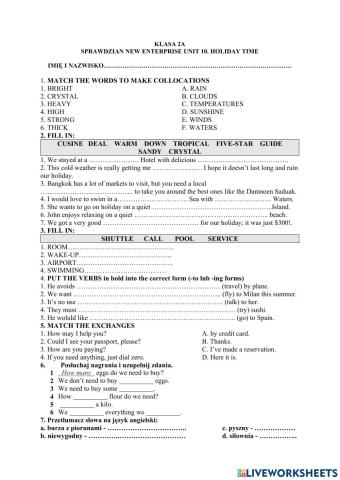 Klasa 2a test New Enterprise unit 10. Holiday time