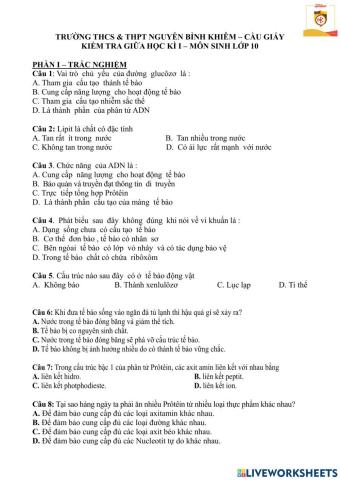 Đề kiểm tra sinh khối 10 ban d