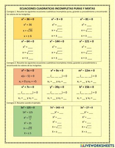 Ecuaciones cuadraticas incompletas puras y mixtas