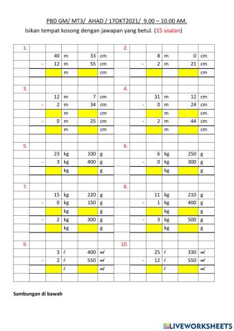 Tolaj panjang, jisim dan isipadu cecair
